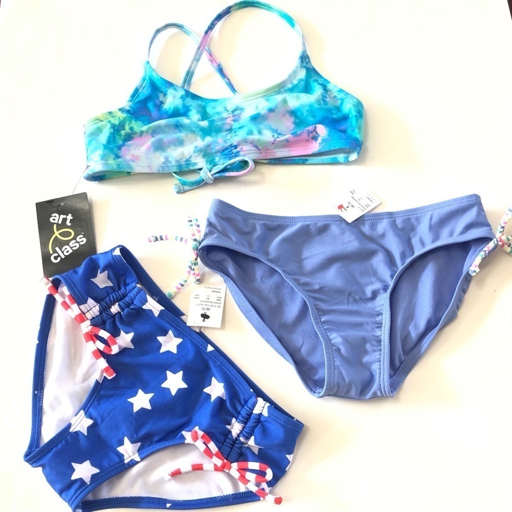 Bundle Art Class Cat & Jack Girl Tie dyed Bralette Blue Stars Bikini Bottoms 3Pc